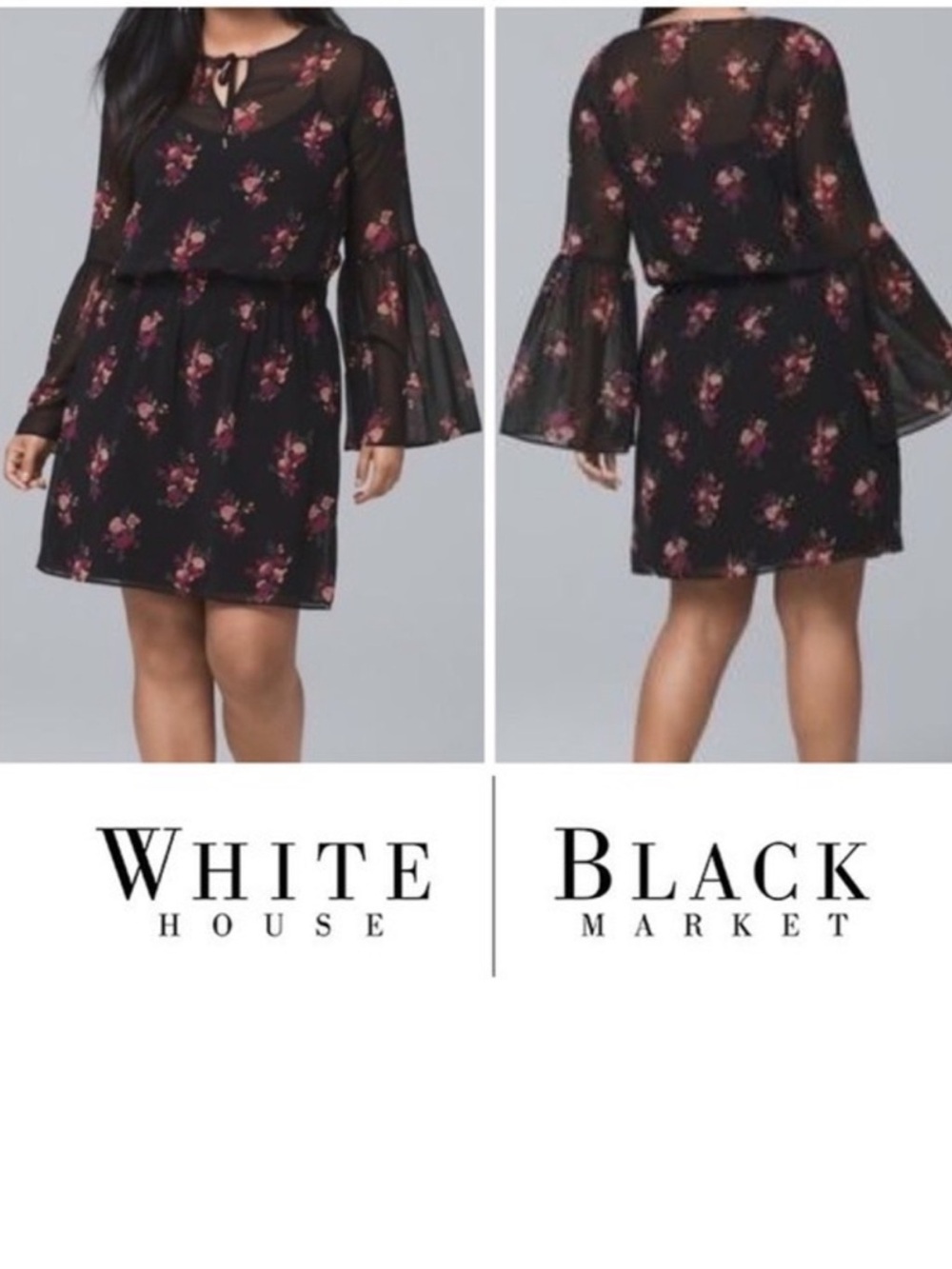 White House Black Market Floral Bell Sleeve Chiffon Dress Black Pink XS